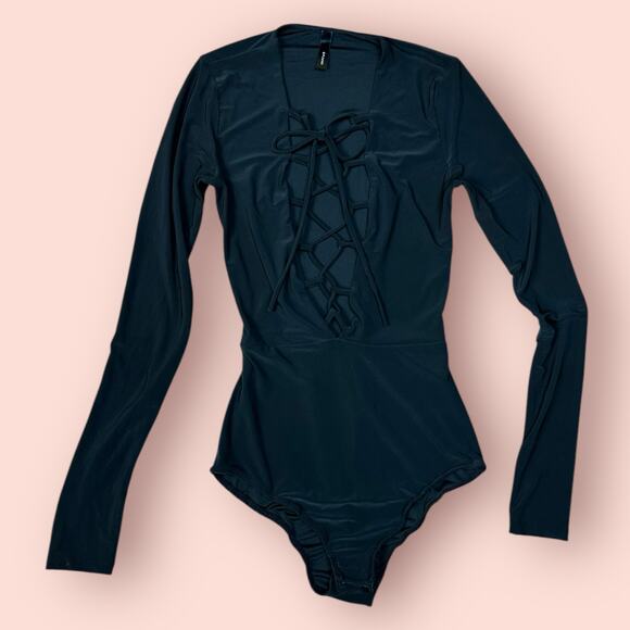 Black Lace Up Long Sleeve Bodysuit GoJane Small Tight Fitting Going Out Club - Picture 1 of 4